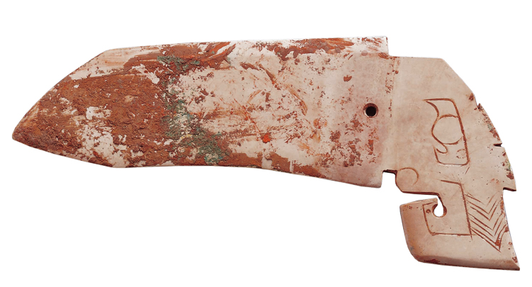 商代晚期 鸟首玉戈 玉戈把手设计为鸟头形制， 较为少见。眼睛为俗称的臣字眼，其工序是先制作封闭的眼眶， 再勾勒眼珠，是典型商代晚期的制作手法。