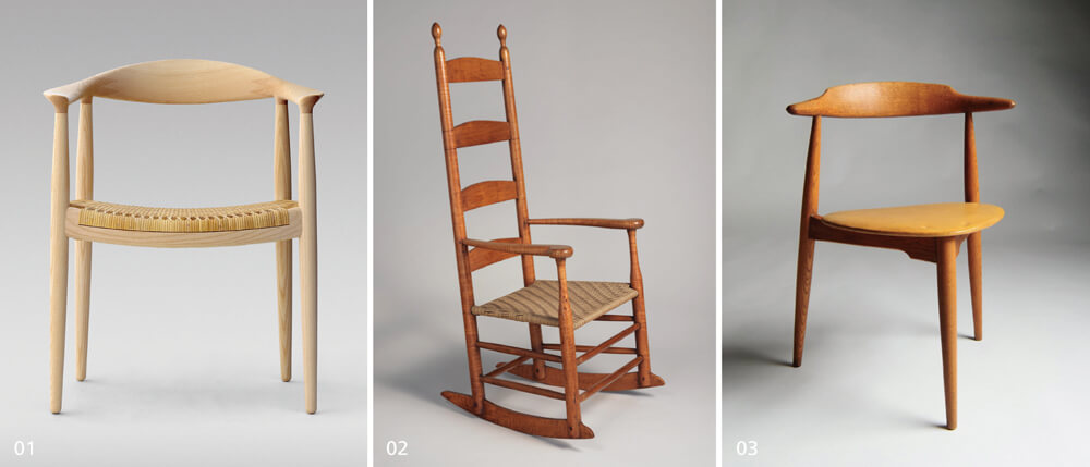 01_The Chair，1949年发表以来已经成为韦格纳著名的代表作。02_Shaker Rocking Chair CH45，美国总统甘迺迪（John F. Kennedy）因为曾参与战争，背部受到砲击破片受伤，因此特别喜爱这张舒适的摇椅。03_The Heart Chair心形椅，现代较为少见的三脚支撑座椅，似乎与丹麦古老民宅内有泥土地的房间有关，在凹凸不平处较为稳固