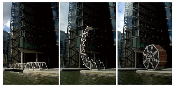 卷动桥是一个大胆创新的实验，Heatherwick Studio把固定式的建物变成增加生活弹性的创新可能，兼具行人徒步与水道通行。Photo credit：SteveSpeller