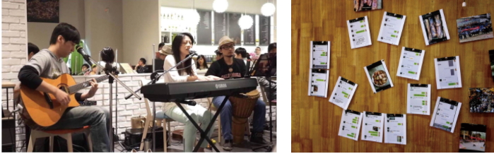 台湾的四蔬五茎餐厅中，举办音乐会，创造吸引人的用餐环境。大陆贵州西江某店，将与顾客微信互动内容贴在墙面上。