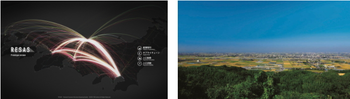 左图:RESAS Prototype可将现有大数据信息视觉化。右图:日本福冈县三山市。