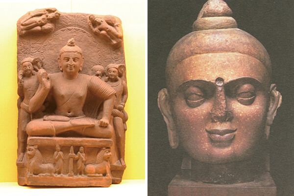 图一：秣菟罗阿希切特拉出土1世纪坐佛像、图二：秣菟罗早期佛头像