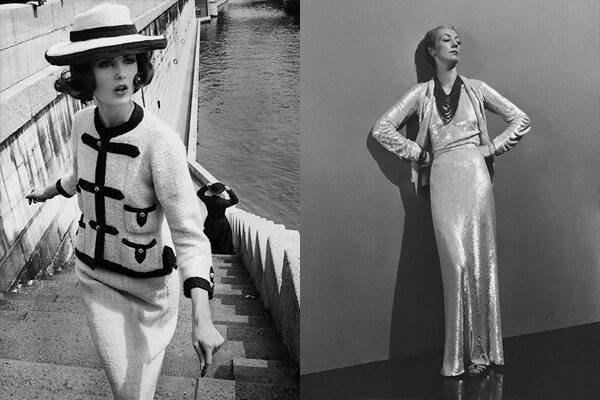 1960年代经典的香奈儿斜纹软呢套装（左图）。香奈儿在1936年推出的白色亮片晚装与项链（右图）。